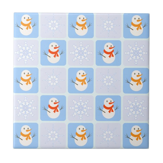 Azulejo Patrón de invierno de snowman y copos de nieve (Frente)