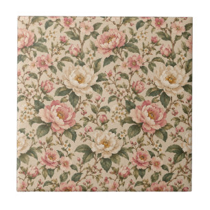 Azulejo Patrón de jardín de peonía y rosa romántica vintag