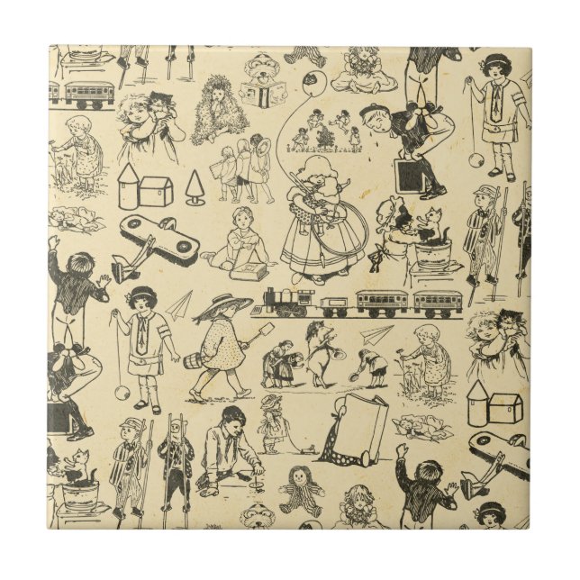 Azulejo Patrón de juguetes de época y niños de juego (Frente)