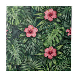 Azulejo Patrón de jungla de Monstera de Hibisco Tropical