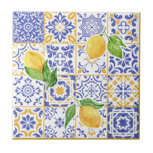 Azulejo Patrón de limón acuarela azul amarillo mediterráne