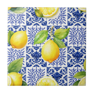 Azulejo Patrón de Limón Azul Blanco Mediterráneo Cítrico