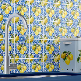 Azulejo Patrón de limón mediterráneo blanco azul