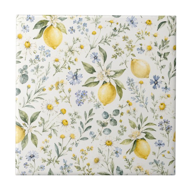 Azulejo Patrón de limón y flores silvestres de estilo fran (Frente)
