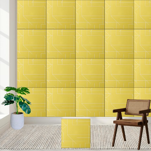 Azulejo Patrón de línea blanca y amarilla geométrica (Geometric Yellow and White Line Pattern Ceramic Tile)