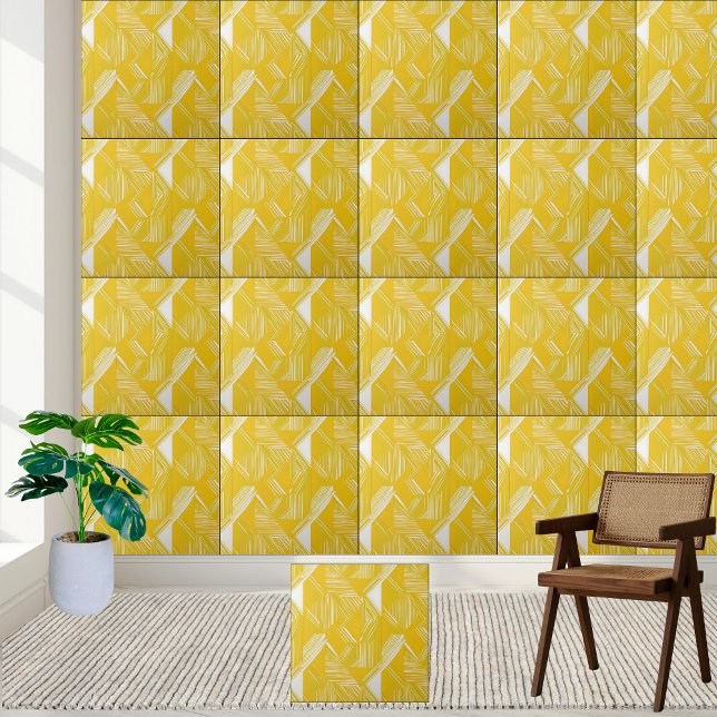 Azulejo Patrón de línea blanca y amarilla geométrica (Geometric Yellow and White Line Pattern Ceramic Tile)