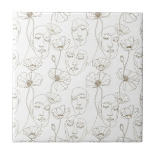 Azulejo Patrón de línea de cara floral vintage en blanco y