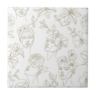 Azulejo Patrón de línea de cara floral vintage en blanco y