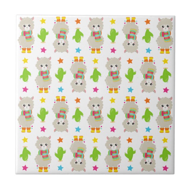 Azulejo Patrón De Llamas, Llamas Cutas, Alpacas, Cactus (Frente)