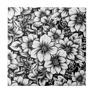 Azulejo Patrón de lujo floral monocromo chic (1)