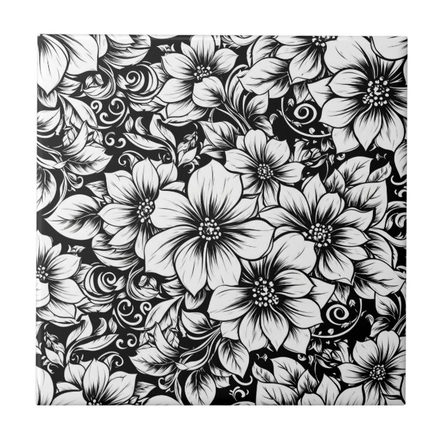 Azulejo Patrón de lujo floral monocromo chic (1) (Frente)