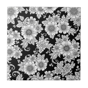 Azulejo Patrón de lujo floral monocromo chic (2)