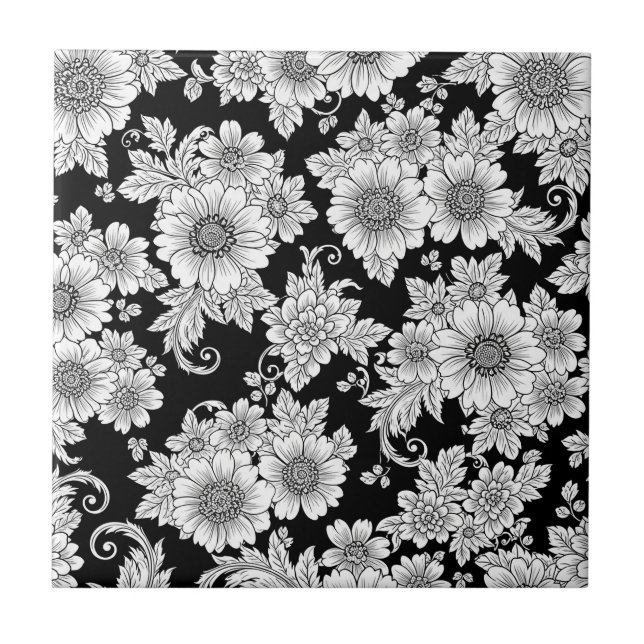 Azulejo Patrón de lujo floral monocromo chic (2) (Frente)