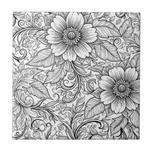 Azulejo Patrón de lujo floral monocromo chic (3)