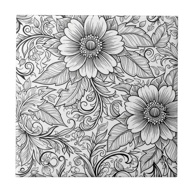 Azulejo Patrón de lujo floral monocromo chic (3) (Frente)