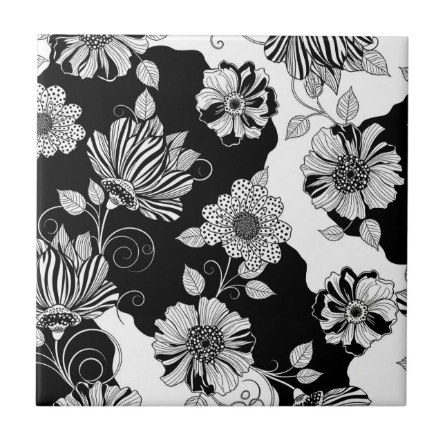 Azulejo Patrón de lujo floral monocromo chic (4) (Frente)