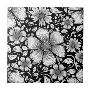 Azulejo Patrón de lujo floral monocromo chic (6)