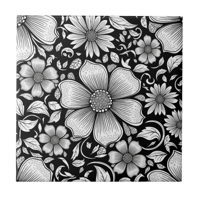 Azulejo Patrón de lujo floral monocromo chic (6) (Frente)