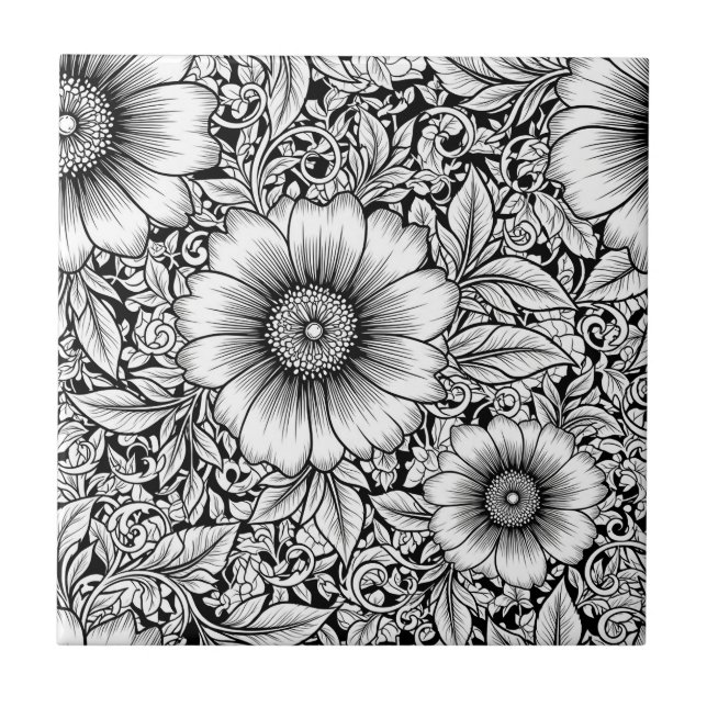 Azulejo Patrón de lujo floral monocromo chic (7) (Frente)