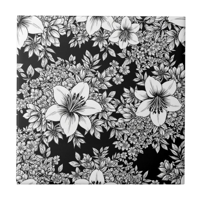 Azulejo Patrón de lujo floral monocromo chic (8) (Frente)