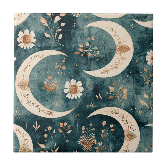 Azulejo Patrón de Luna Floral Celestial Boho (9) (Frente)