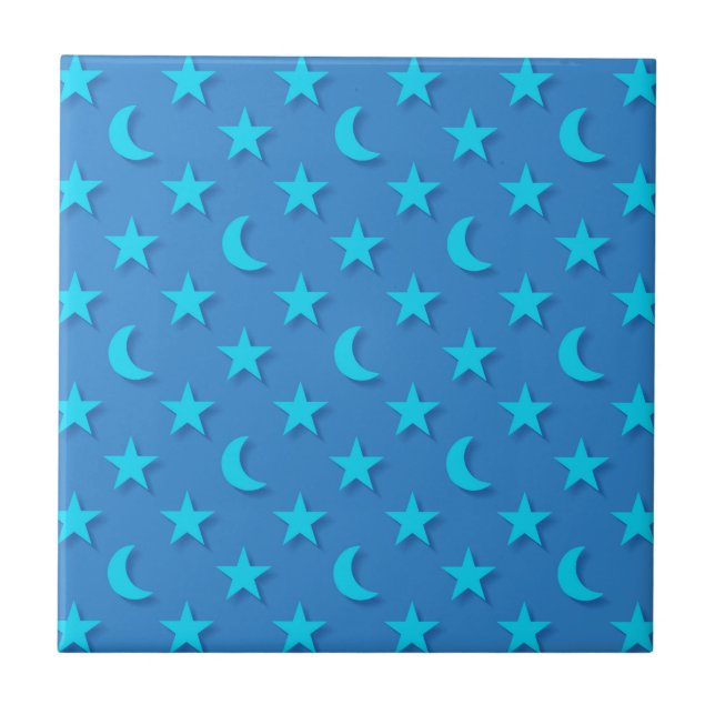 Azulejo Patrón de lunas azules y estrellas (Frente)