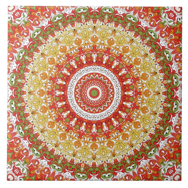 Azulejo Patrón de Mandala de Fiesta en Rojo, Amarillo y Ve (Frente)