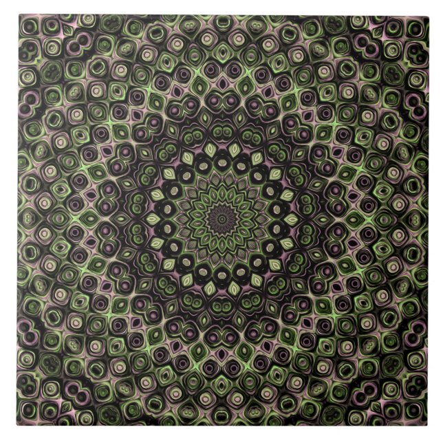 Azulejo Patrón de Mandala de Kaleidoscopio Verde y Negro (Frente)
