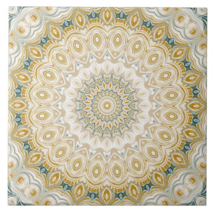 Azulejo Patrón de Mandala Dorado y Blanco con Acentos Turq