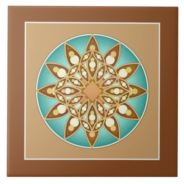 Azulejo Patrón de Mandala en bronceado, crema y turquesa (Frente)