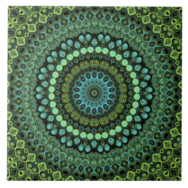 Azulejo Patrón de Mandala en Calidoscopio Verde y Turquesa (Frente)