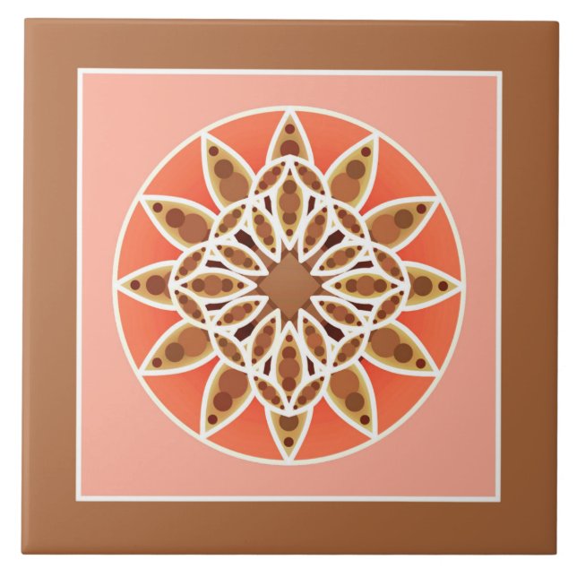 Azulejo Patrón de Mandala en chocolate, caramelo y coral (Frente)
