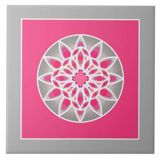 Azulejo Patrón de Mandala en Rosa Fuchsia, Gris y Blanco (Frente)