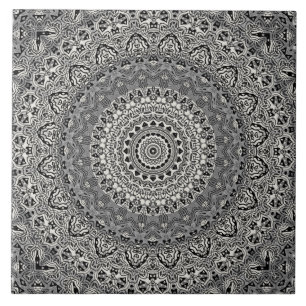 Azulejo Patrón de Mandala Geométrica en Blanco y Negro