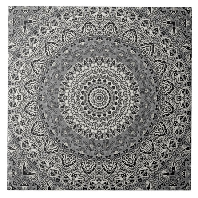 Azulejo Patrón de Mandala Geométrica en Blanco y Negro (Frente)