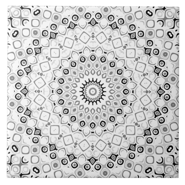 Azulejo Patrón de Mandala Geométrica en Blanco y Negro (Frente)