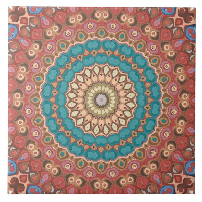 Azulejo Patrón de Mandala Geométrica Turquesa y Terracota (Frente)