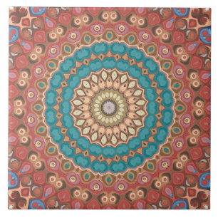 Azulejo Patrón de Mandala Geométrico de Turquesa y Terraco
