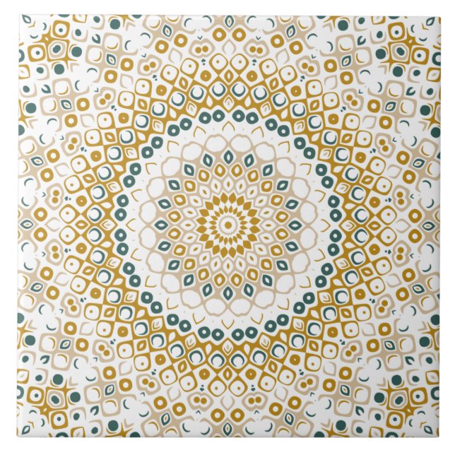 Azulejo Patrón de Mandala Geométrico Dorado y Verde (Frente)