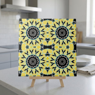 Azulejo Patrón de mandala geométrico mosaico negro amarill