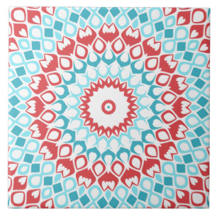 Azulejo Patrón de Mandala Geométrico Rojo y Acuático