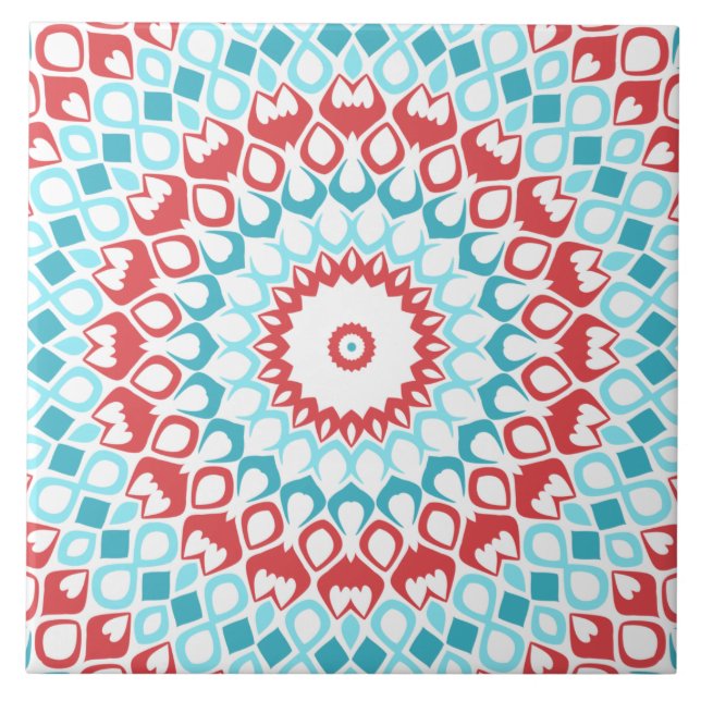 Azulejo Patrón de Mandala Geométrico Rojo y Acuático (Frente)