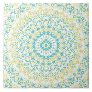 Azulejo Patrón de Mandala Geométrico Verde Azul y Amarillo