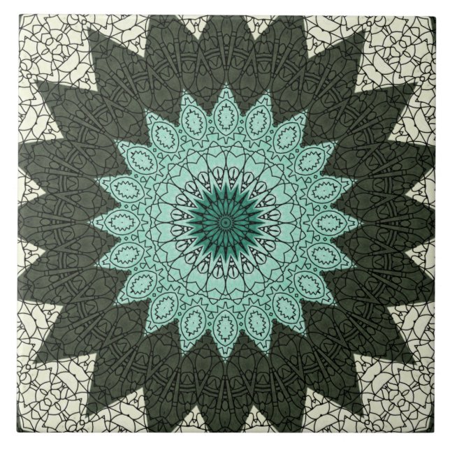 Azulejo Patrón de Mandala Geométrico Verde y Turquesa (Frente)