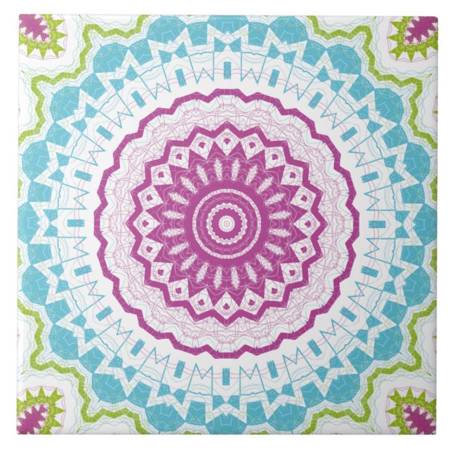 Azulejo Patrón de Mandala Magenta Azul y Verde (Frente)