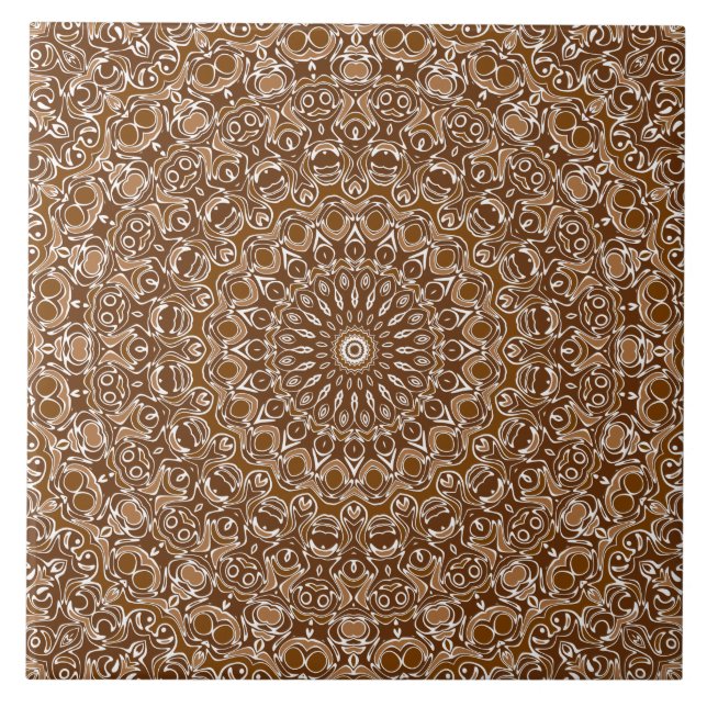 Azulejo Patrón de Mandala Marrón Chocolate y Blanco (Frente)