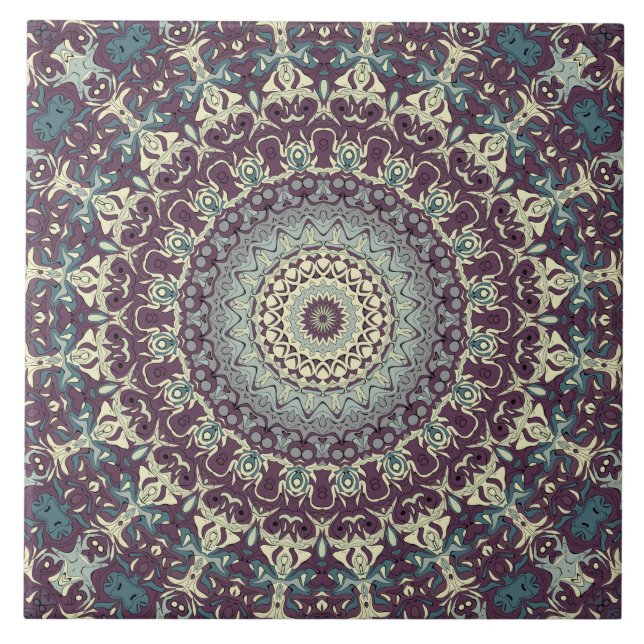 Azulejo Patrón de Mandala morado Verde azulado y crema (Frente)