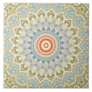 Azulejo Patrón de Mandala Naranja y Verde Acuario con Acen