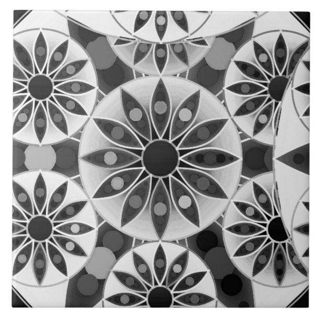Azulejo Patrón de Mandala , negro, blanco y gris / gris (Frente)