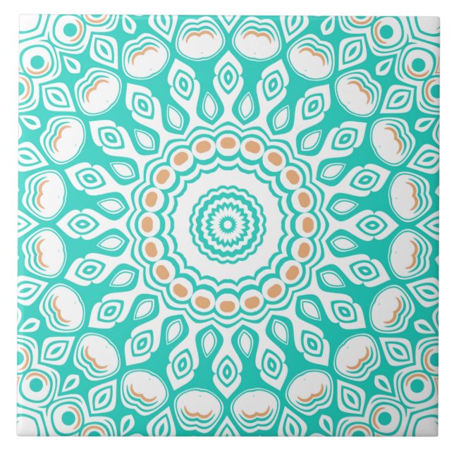 Azulejo Patrón de Mandala Oceánico Turquesa y Beige (Frente)